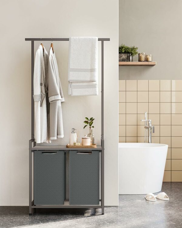 (DL) VASAGLE Cos de rufe, 2 compartimente, saci de rufe detasabili, 1 raft, tija umerase, 2x46L, 73x33x175cm, gri - Image 3