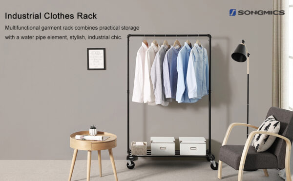 SONGMICS Suport pentru haine, cu raft si sina de agatat, cadru metalic, cu roti, 100x49x163cm, industrial, negru - Image 5