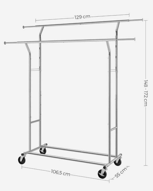 SONGMICS Suport pentru haine pe roti, sina dubla extensibila, din inox cromat, sarcina 100kg, 129x55x148cm, argintiu - Image 4