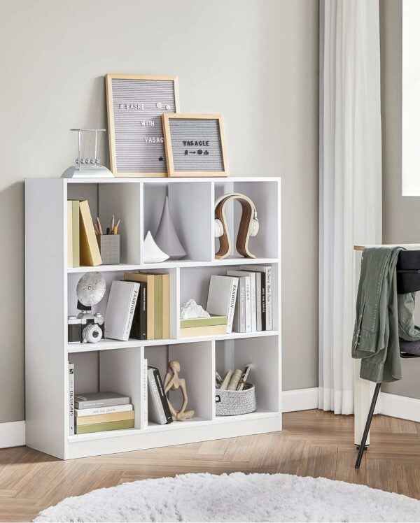 (DL) VASAGLE Biblioteca, raft cu 8 unitati de depozitare, pentru living, din lemn, 30x98x100cm, alb - Image 4