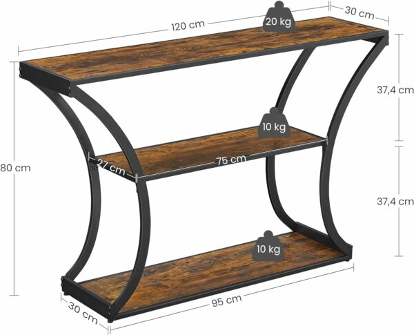 VASAGLE Előszobaasztal ívelt lábakkal, acél vázzal és 3 fapolccal, ipari stílusú, 120x30x80cm, rusztikus barna és fekete - Image 4