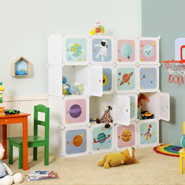 SONGMICS Dulap modular de depozitare jucarii, 16 cuburi cu usi, 123x31x123cm, alb - Image 4