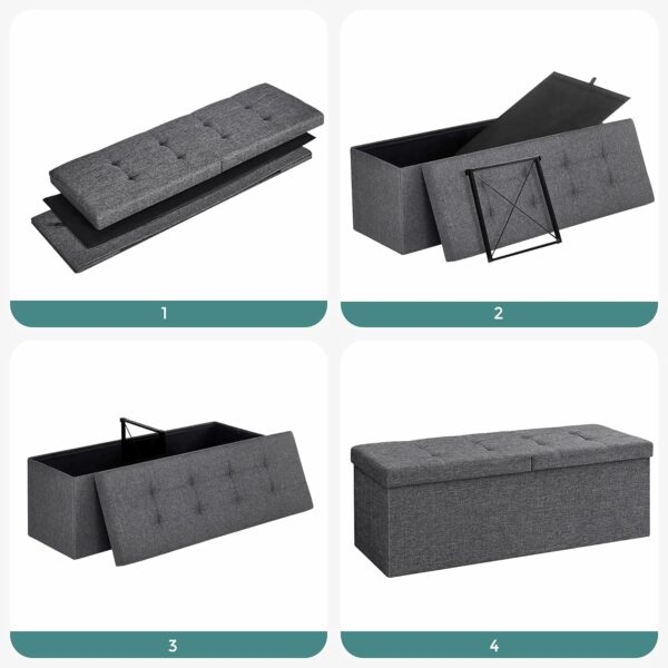 SONGMICS Összecsukható zsámoly puha ülőfelülettel, tárolóhely 120 liter, maximum 300kg teherbírás, 110x38x38cm, szürke - Image 4