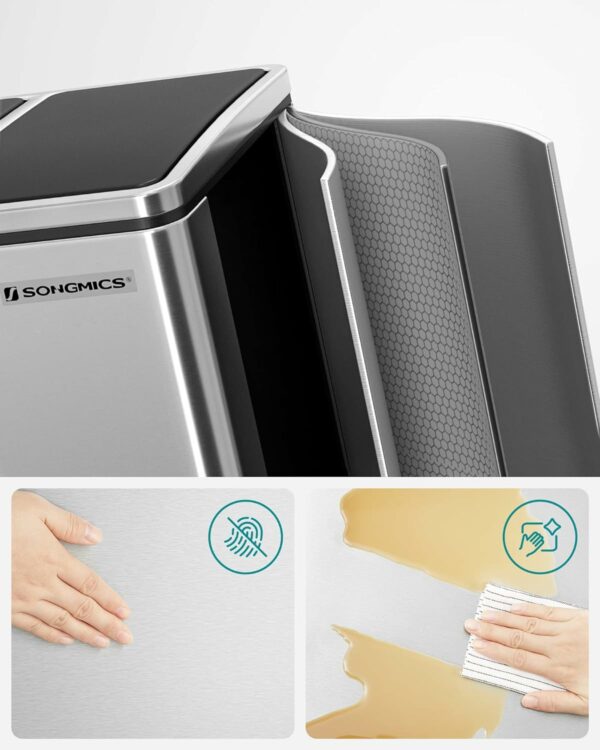 SONGMICS Cos de gunoi din inox cu 3 compartimente colectare selectiva, cu galeti interioare, 3x18litri, argintiu si negru - Image 4