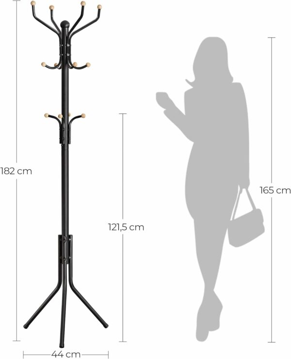 VASAGLE vállfa, acél és fa, 12 akasztóval, 182 cm, fekete - Image 4