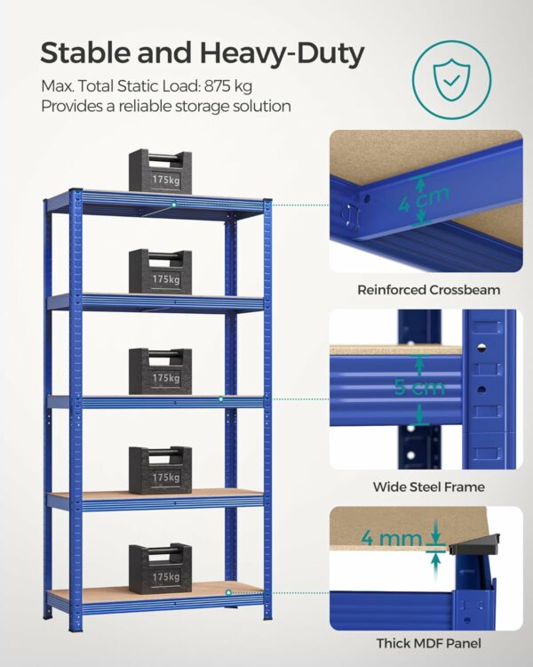 SONGMICS Fém tárolópolc, MDF polcokkal, 5 polc, max. 875 kg, 180x90x40cm, kék - Image 4