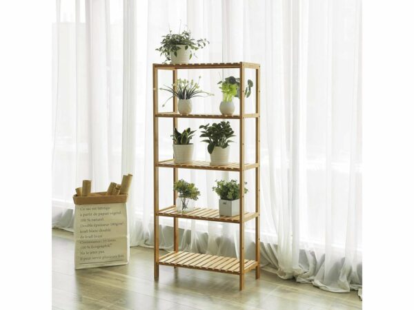 SONGMICS Raft de depozitare din bambus, 5 polite, pentru bucatarie sau baie, 130x60x26cm, maro natural - Image 4
