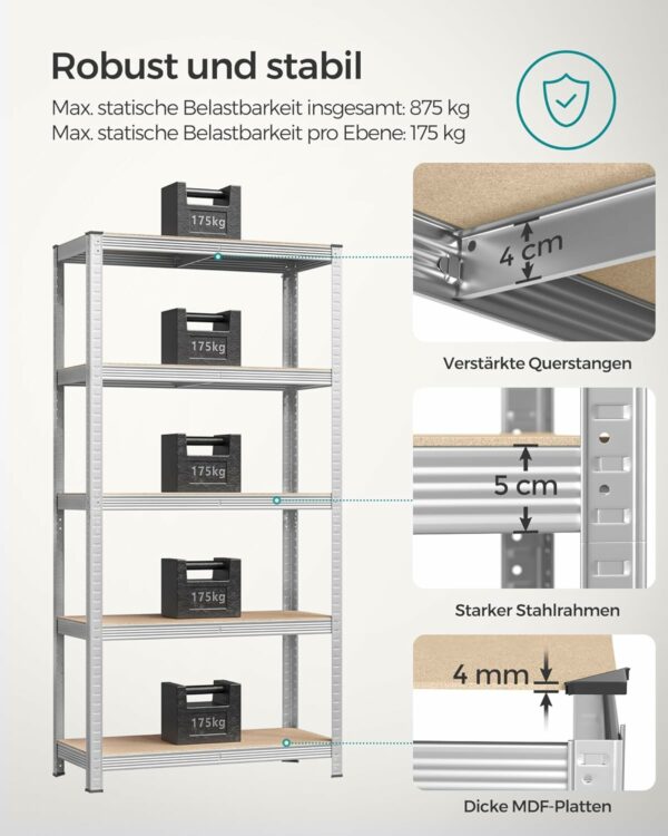 SONGMICS Fém tárolópolc, horganyzott felülettel, 5 polc, max. 875 kg, 180x90x40cm, ezüst - Image 4