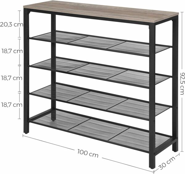 VASAGLE Fém cipőtartó, 4 szint plusz felső polccal, ipari stílusú, 100x30x93cm, szürke és fekete - Image 4