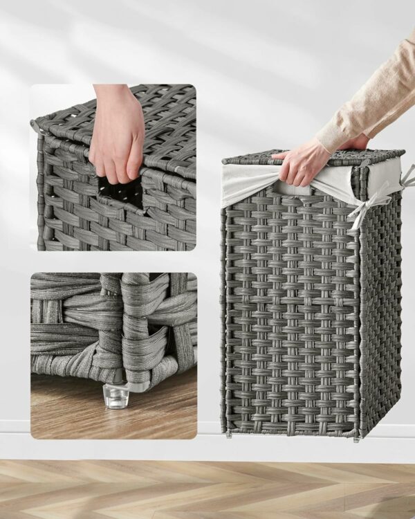 SONGMICS Cos de rufe din ratan sintetic cu capac, sac detasabil, volum 90L, 46x33x60cm, gri - Image 4