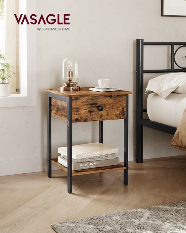 VASAGLE Noptiera din lemn cu cadru din otel, 1 sertar si 1 raft, 40x40x55, maro rustic si negru - Image 2