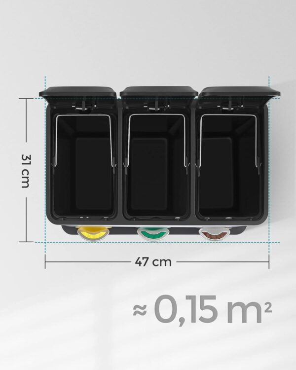 SONGMICS Rozsdamentes szemetes 3 rekeszes szelektív gyűjtéssel, belső vödrökkel, 3x8 literes, ezüst és fekete - Image 4