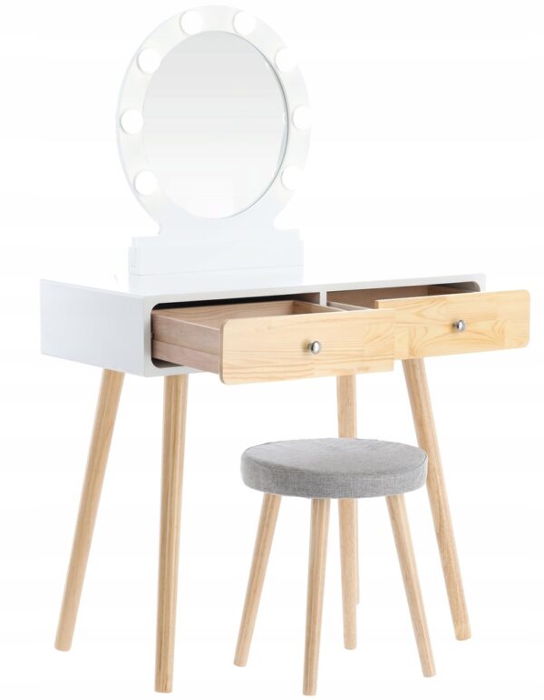 Set masa de toaleta si machiaj cu taburet, Scandinav, oglinda, iluminare LED, 75x45x130 cm, alba - Image 4