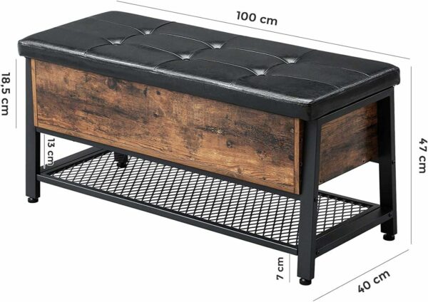 VASAGLE Fa cipős szekrény pad típusú tárolóhellyel, párnázott ülőfelülettel és tárolópolccal, ipari stílusú, 100x40x47cm, rusztikus barna és fekete - Image 4