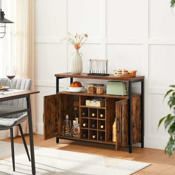 VASAGLE Comoda tip bufet, cu 2 usi si suport pentru sticle vin, stil industrial, 100x35x81cm, maro rustic si negru - Image 4