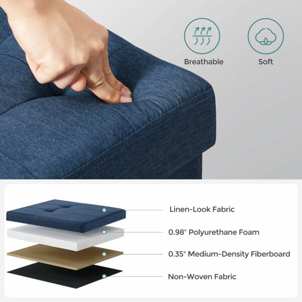 SONGMICS Taburet pliabil cu sezut moale, spatiu de depozitare 131litri, maxim 300kg, 110x38x38cm, albastru inchis - Image 4