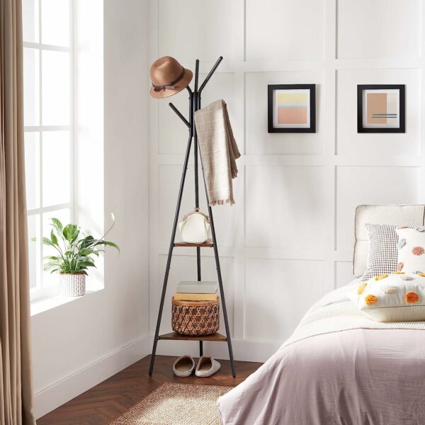VASAGLE Cuier metalic, cu ​​2 rafturi MDF, inaltime 179cm, stil industrial, maro rustic si negru - Image 4