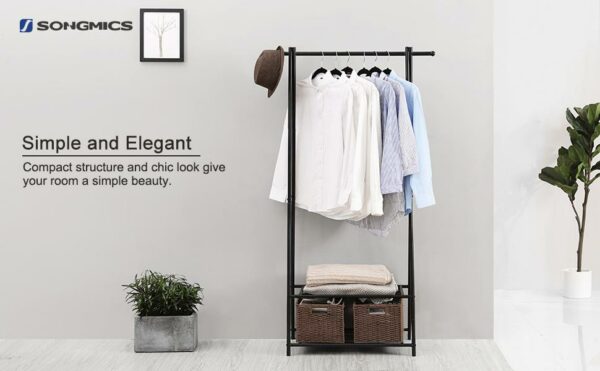 (DL) SONGMICS Suport pentru haine, cu raft depozitare pe 2 niveluri, cadru metalic, 88x41x155cm, negru - Image 6