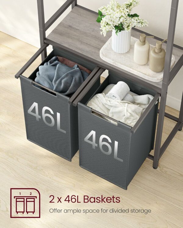 (DL) VASAGLE Cos de rufe, 2 compartimente, saci de rufe detasabili, 1 raft, tija umerase, 2x46L, 73x33x175cm, gri - Image 4