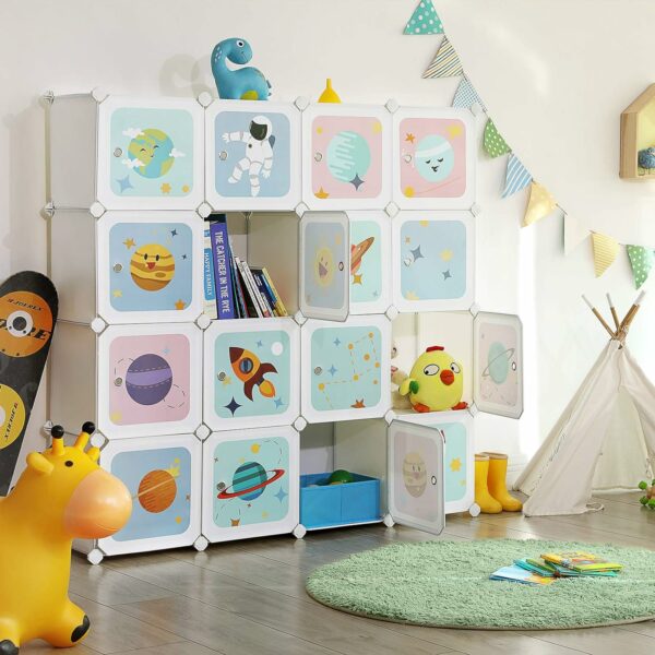 SONGMICS Dulap modular de depozitare jucarii, 16 cuburi cu usi, 123x31x123cm, alb - Image 5