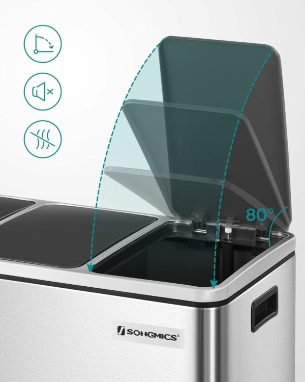 SONGMICS Cos de gunoi din inox cu 3 compartimente colectare selectiva, cu galeti interioare, 3x18litri, argintiu si negru - Image 5