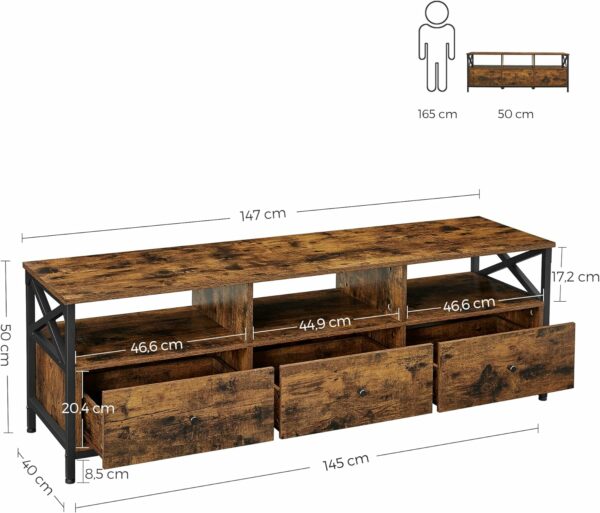 VASAGLE Comoda pentru TV de pana la 65 inch, cu 3 sertare si 3 rafturi deschise, 40x147x50cm, maro rustic si negru - Image 5