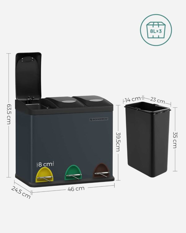SONGMICS Acél szemetes 3 szelektív hulladékgyűjtő rekesszel, 3x8 literes, fekete - Image 5