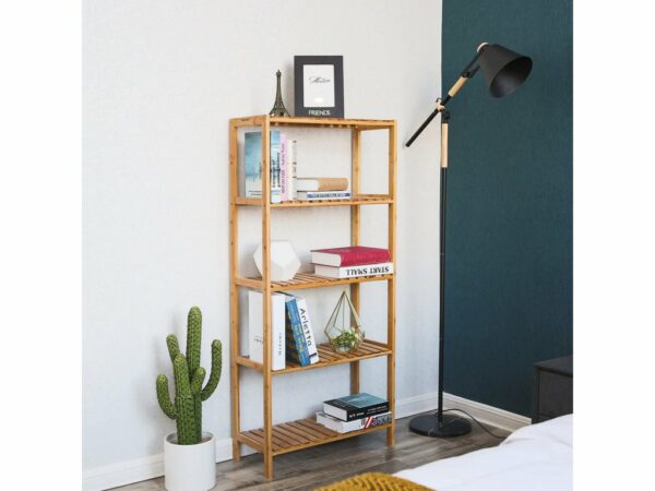 SONGMICS Raft de depozitare din bambus, 5 polite, pentru bucatarie sau baie, 130x60x26cm, maro natural - Image 5