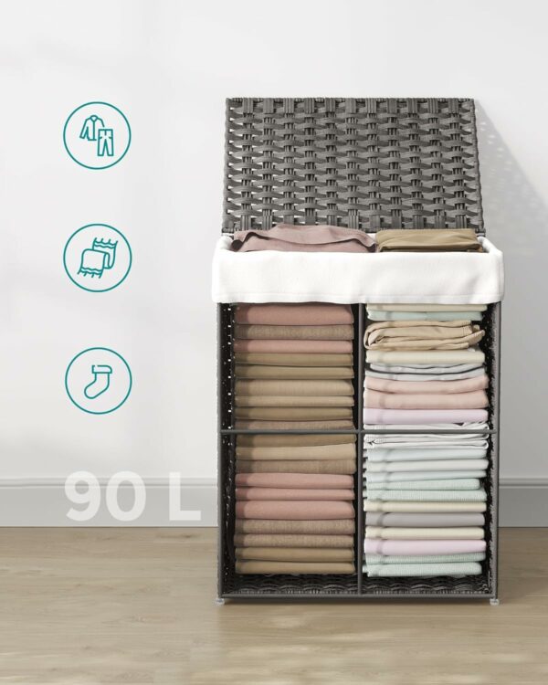 SONGMICS Cos de rufe din ratan sintetic cu capac, sac detasabil, volum 90L, 46x33x60cm, gri - Image 5