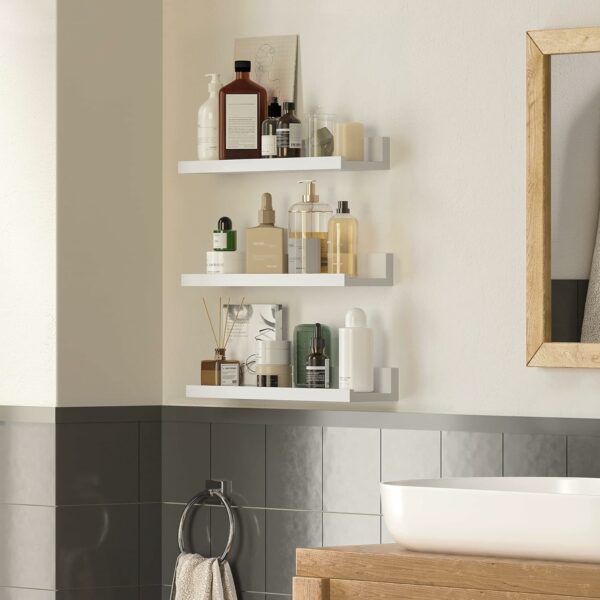 SONGMICS Set 3 rafturi de perete plutitoare din MDF, suport pentru rame foto, 38x10cm, alb - Image 5