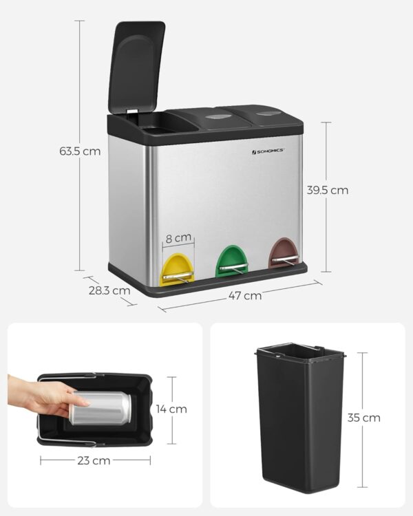 SONGMICS Rozsdamentes szemetes 3 rekeszes szelektív gyűjtéssel, belső vödrökkel, 3x8 literes, ezüst és fekete - Image 5