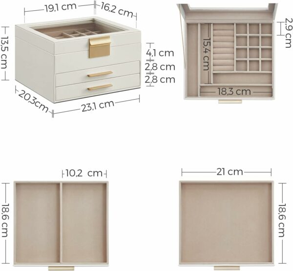 SONGMICS Cutie de bijuterii cu 3 nivele, 2 sertare, capac din sticla, 20x23x14cm, alb si auriu - Image 5