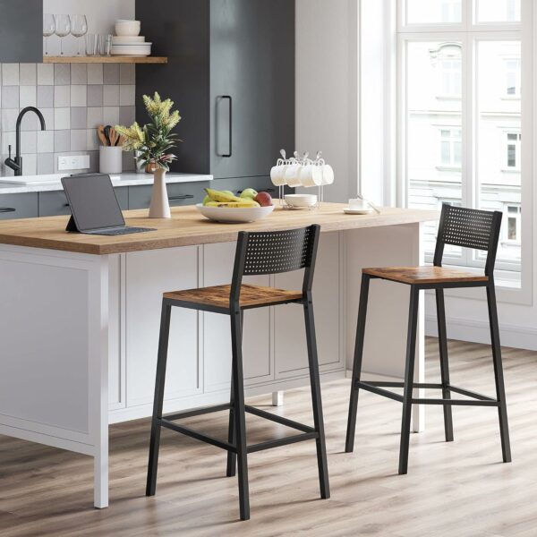 VASAGLE Set 2 scaune de bar, inalte cu spatar, cadru metalic, sezut MDF, industrial, 51x43x97cm, maro rustic si negru - Image 5