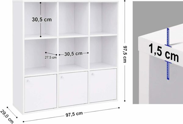 VASAGLE Fa könyvespolc, 9 kockával, 3 alsó szekrénnyel, 98x98x29cm, fehér - Image 5