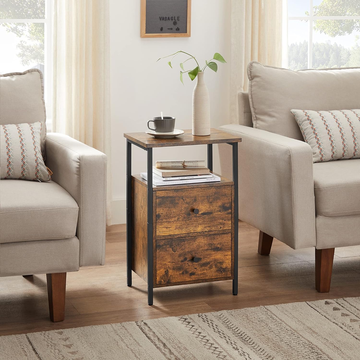 VASAGLE éjjeliszekrény 2 fiókos hálószobába, ipari kivitel, 28x38x60cm, barna és fekete - Image 5