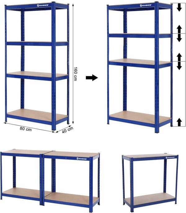 SONGMICS Moduláris fém keretes polc tároláshoz, 4 polc, 160x80x40cm, terhelés 520 kg, kék - Image 5