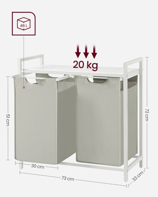 VASAGLE szennyeskosár, 2 rekeszes, kivehető szennyeszacskók, fém keret, 2x46L, 73x33x72 cm, fehér - Image 6