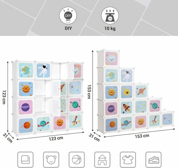 SONGMICS Dulap modular de depozitare jucarii, 16 cuburi cu usi, 123x31x123cm, alb - Image 6