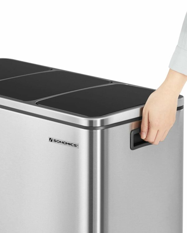SONGMICS Cos de gunoi din inox cu 3 compartimente colectare selectiva, cu galeti interioare, 3x18litri, argintiu si negru - Image 6