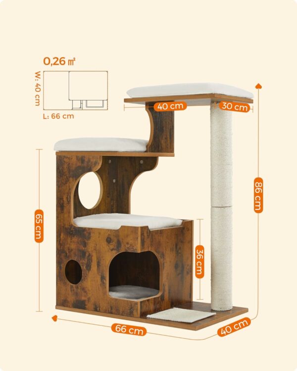 FEANDREA Ansamblu de joaca pentru pisici, tip mobilier, MDF, cu 3 culcusuri si ascunzatoare, 66x40x86cm, maro rustic - Image 7