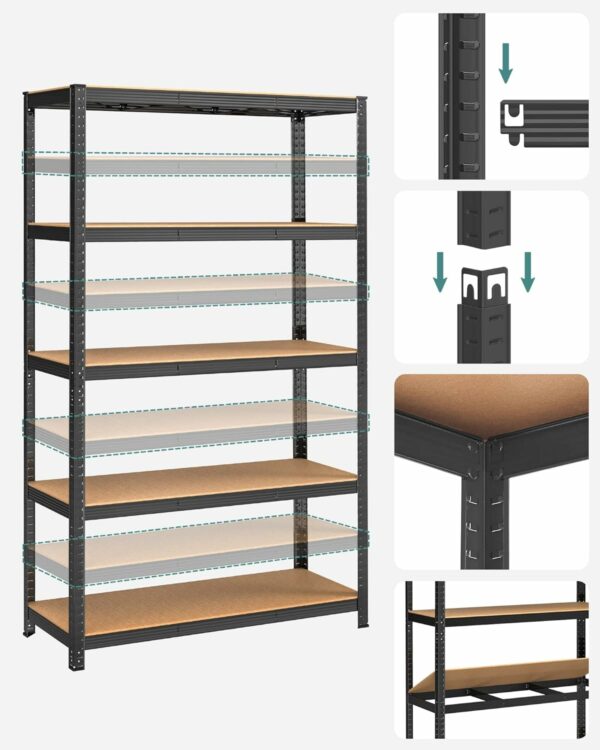 SONGMICS Fém tároló állvány, faforgácslap polcokkal, 5 polc, max. 875 kg, 200x120x60cm, fekete - Image 6