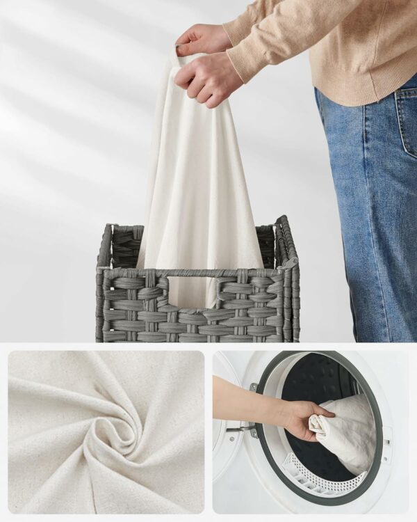 SONGMICS Cos de rufe din ratan sintetic cu capac, sac detasabil, volum 90L, 46x33x60cm, gri - Image 6