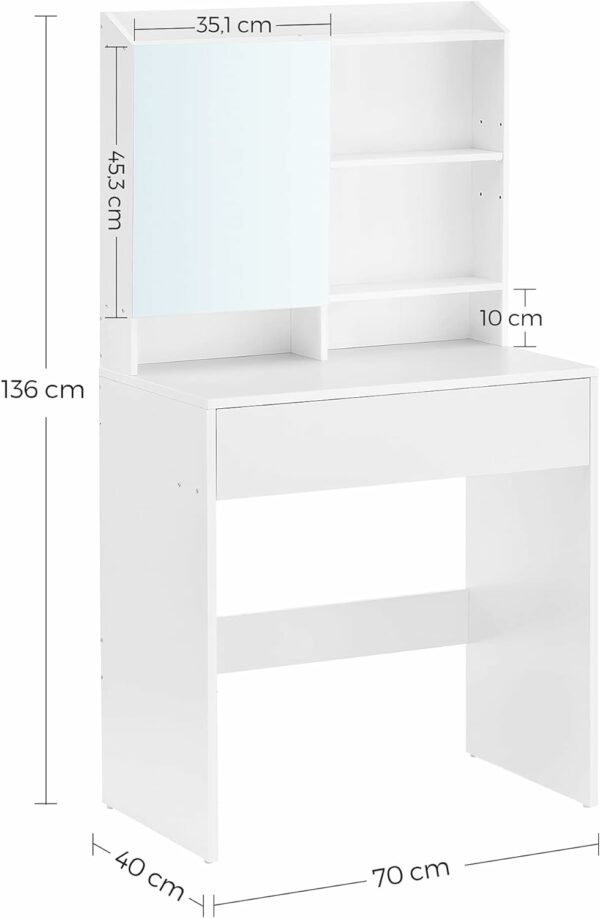 VASAGLE Fésülködő asztal tükörrel, állítható polcokkal és kozmetikai fiókkal, 70x40x136cm, fehér - Image 6