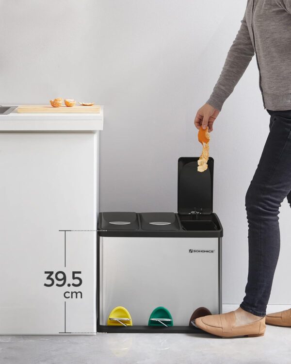 SONGMICS Rozsdamentes szemetes 3 rekeszes szelektív gyűjtéssel, belső vödrökkel, 3x8 literes, ezüst és fekete - Image 6