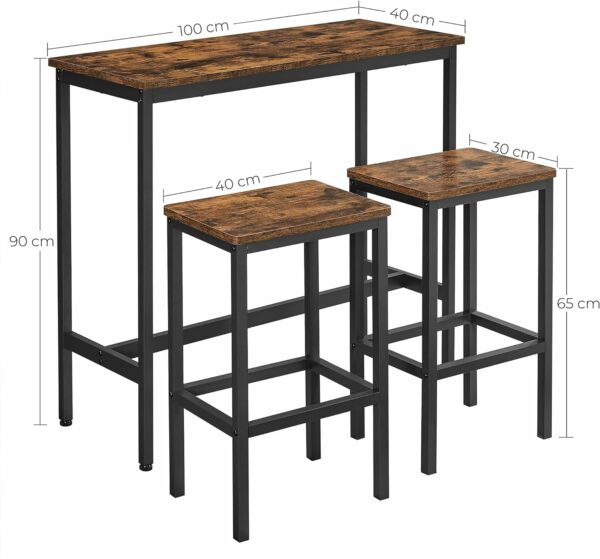 VASAGLE Set masa de bar cu 2 scaune, cadru din otel, blat lemn, design industrial, 100x40x90cm, maro rustic si negru - Image 6