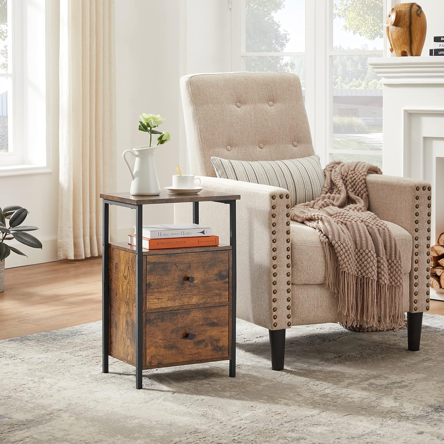 VASAGLE éjjeliszekrény 2 fiókos hálószobába, ipari kivitel, 28x38x60cm, barna és fekete - Image 6