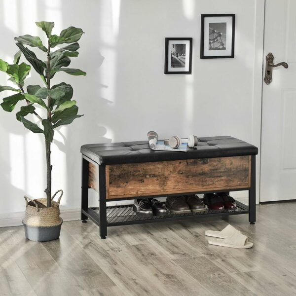 VASAGLE Fa cipős szekrény pad típusú tárolóhellyel, párnázott ülőfelülettel és tárolópolccal, ipari stílusú, 100x40x47cm, rusztikus barna és fekete - Image 6