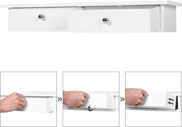 SONGMICS Lebegő falipolc 2 fiókkal, MDF, teherbírás 15kg, 15x65x10cm, fehér - Image 4