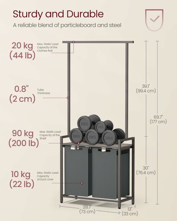 (DL) VASAGLE Cos de rufe, 2 compartimente, saci de rufe detasabili, 1 raft, tija umerase, 2x46L, 73x33x175cm, gri - Image 6