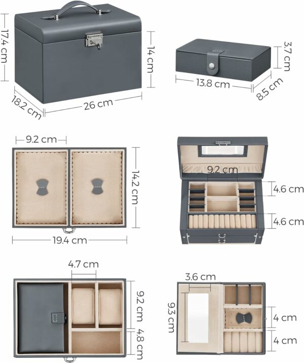SONGMICS Cutie de bijuterii pe 3 nivele, cu 2 sertare, maner, oglinda, inchidere cu cheie, 18x26x17, gri - Image 7